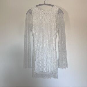 12th Tribe White/Silver Rhinestone Long Sleeve Open Back Mini Dress